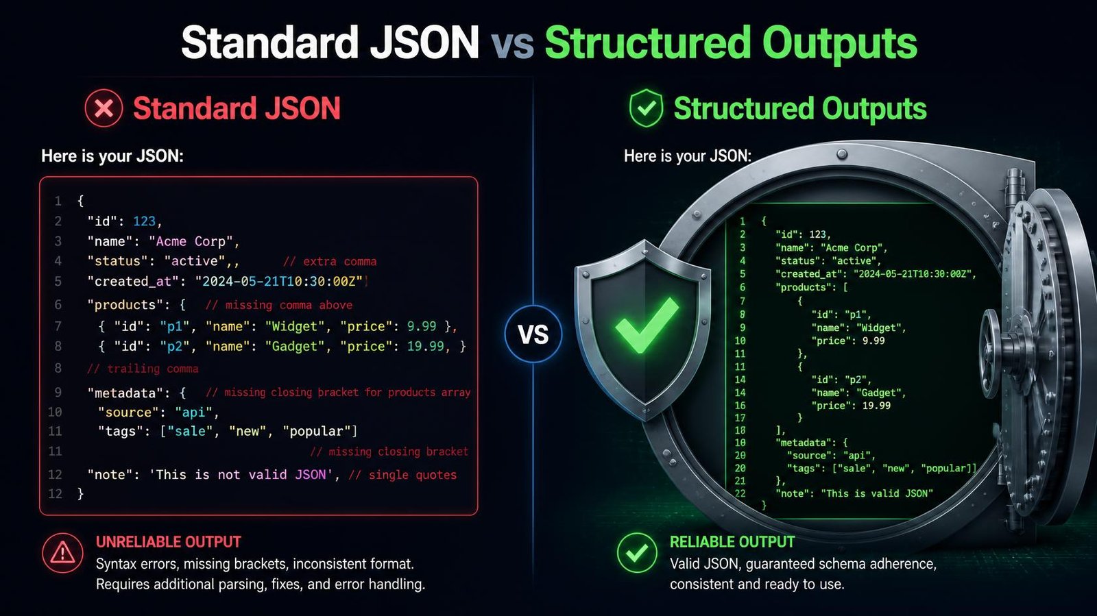  Visual comparison showing how standard LLM generation can produce invalid JSON while structured outputs guarantee strict schema adherence 