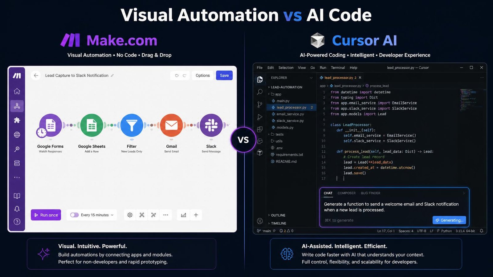Visual comparison of Make's drag-and-drop canvas versus Cursor AI's code editor interface 