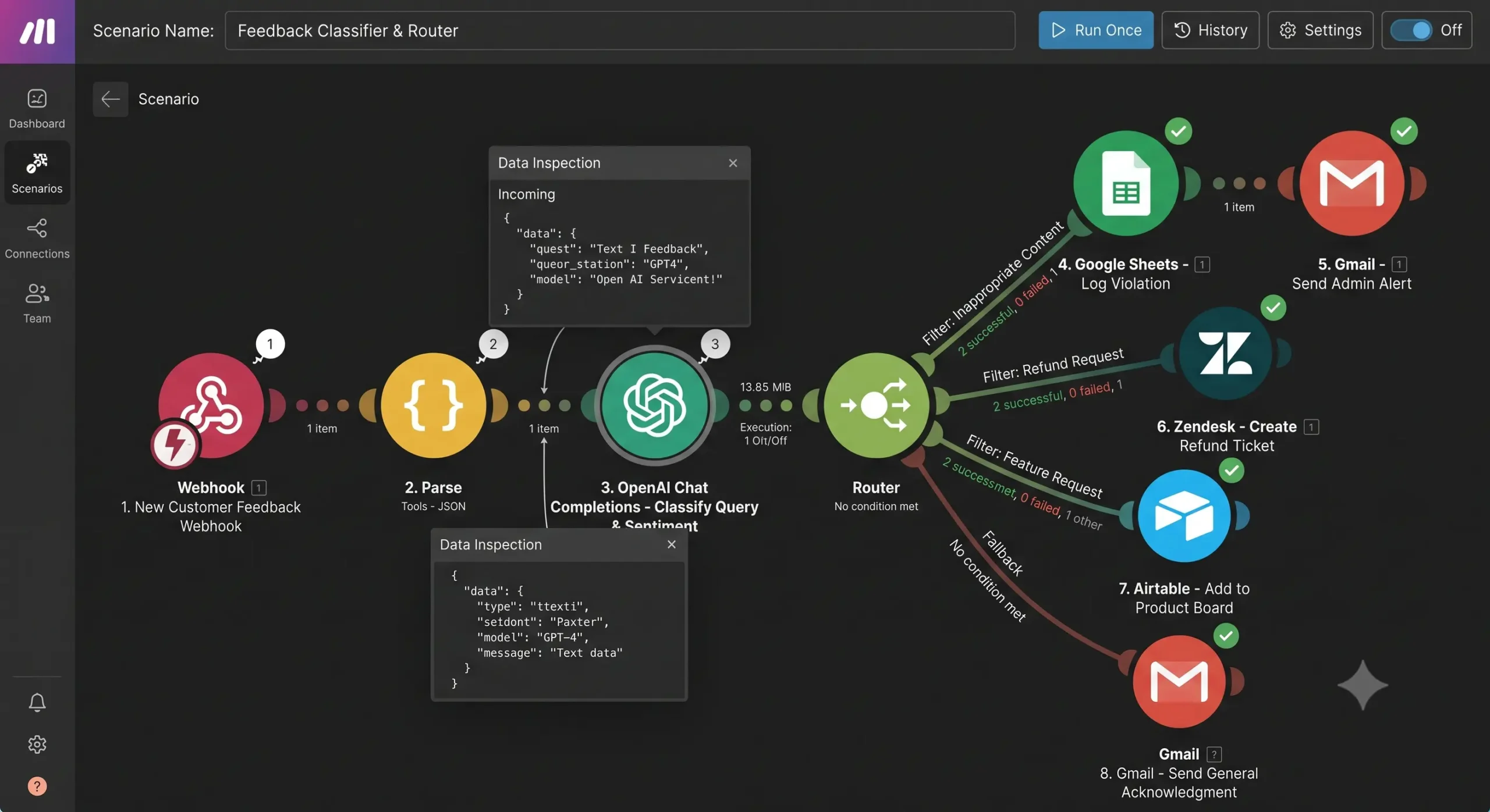 Screenshot of Make scenario using complex operations to route AI data.