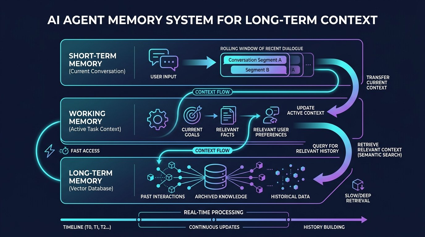 memory_system_context_1789882640620 Infographic showing an AI agent memory system with three layers: short-term memory for current conversation, working memory for active task context, and long-term memory using a vector database for past interactions, with real-time processing timeline