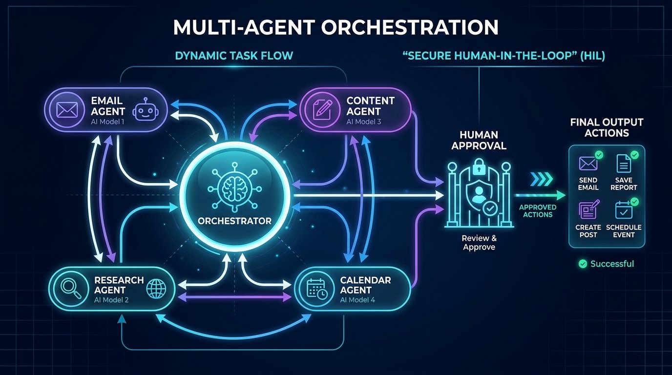 multi_agent_orchestration_1789882615850 Diagram showing multi-agent orchestration with a central orchestrator connecting specialized email, research, content, and calendar agents, each using different AI models, with a human approval gateway before final output actions