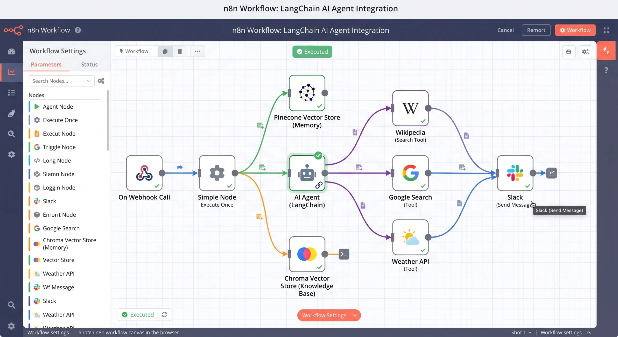 LangChain AI agent node in n8n connected to memory, vector store, and external tools.
