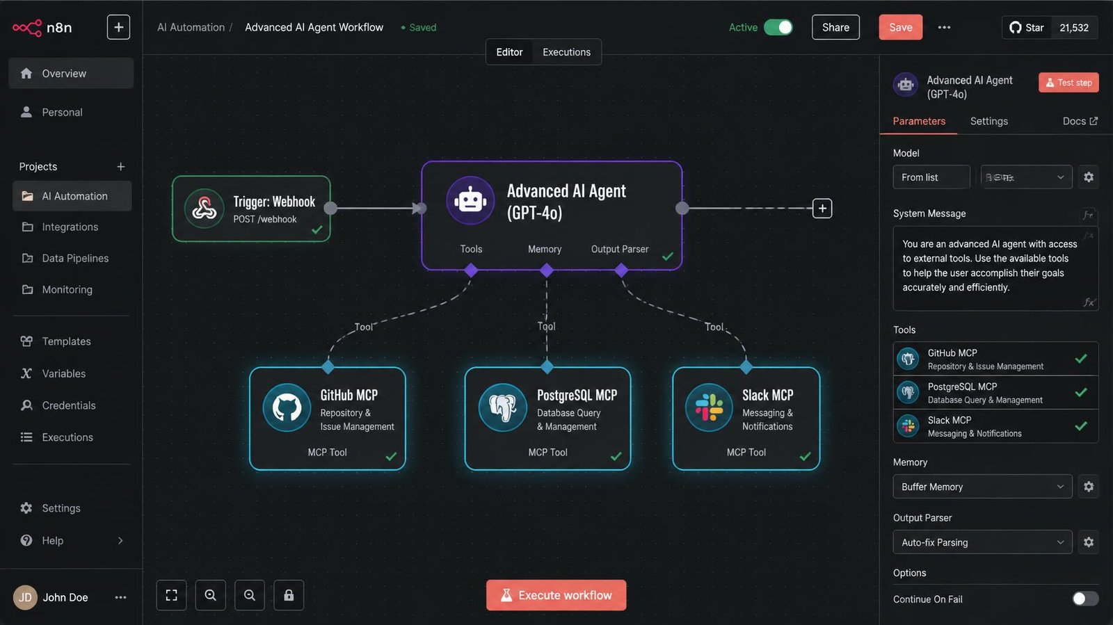 A mockup of the n8n visual canvas demonstrating an Advanced AI Agent connected to multiple local MCP server tools for dynamic execution. 