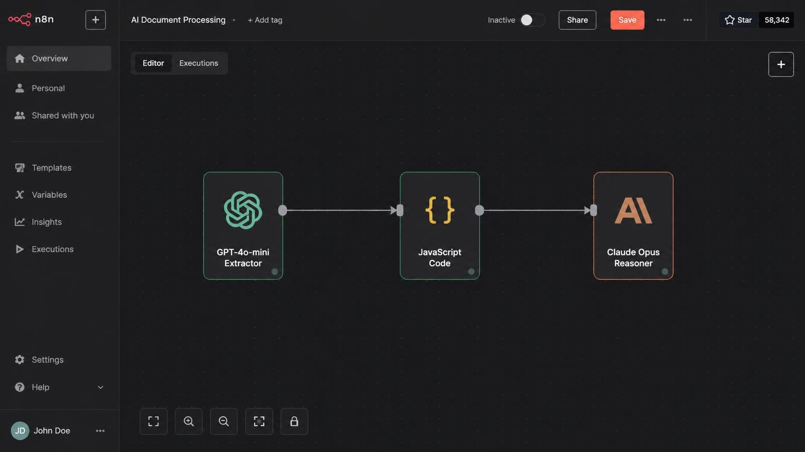 Mockup of n8n workflow canvas A screenshot of the n8n visual canvas demonstrating how to connect different LLM nodes via code nodes to create a multi-model agent.