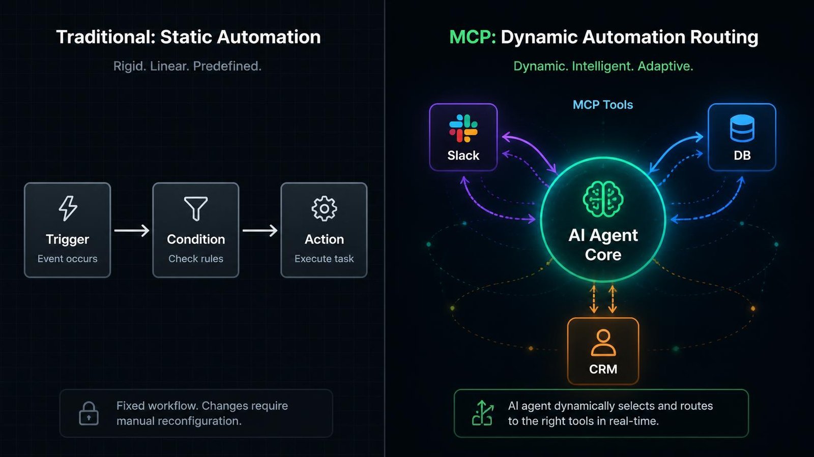 A technical diagram comparing traditional static automation workflows against the dynamic automation routing enabled by the Model Context Protocol (MCP) in n8n. 