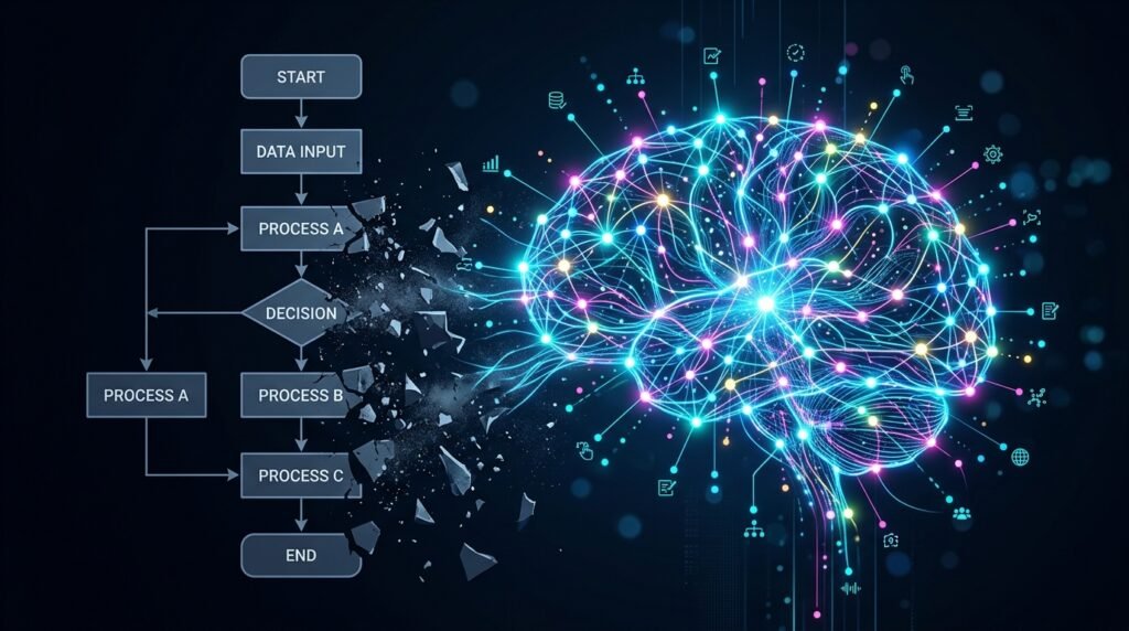A minimalist network graph showing a traditional rigid flowchart crumbling, replaced by a dynamic, multi-directional AI agent brain.