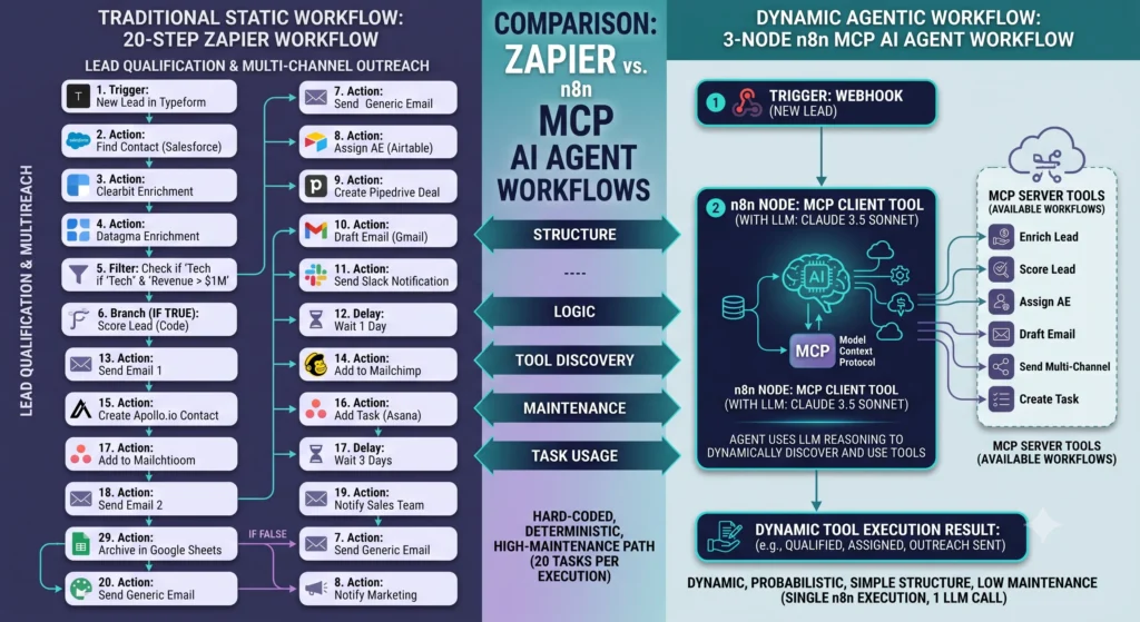 Diagram comparing a 20-step static Zapier workflow to a 3-node n8n MCP AI Agent workflow.