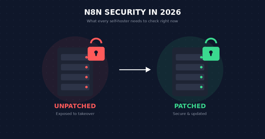 Illustration comparing an unpatched, vulnerable n8n server to a patched, secure one