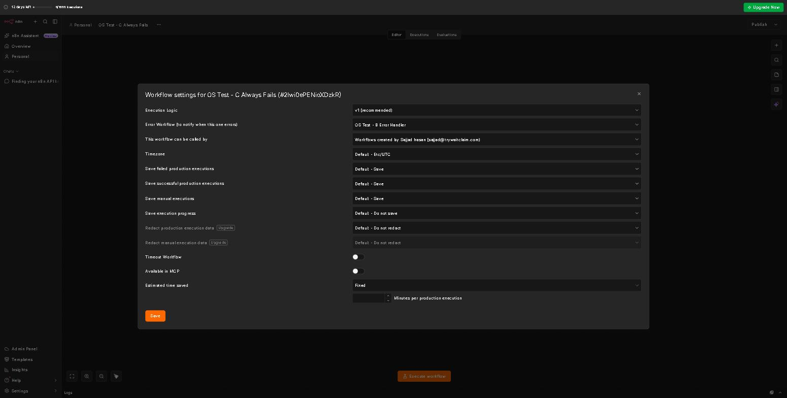 Selecting an error workflow in n8n workflow settings