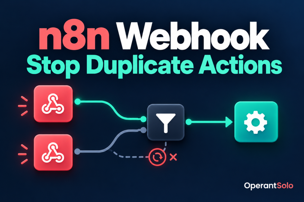 n8n webhook duplicate prevention illustration showing two events filtered into one action
