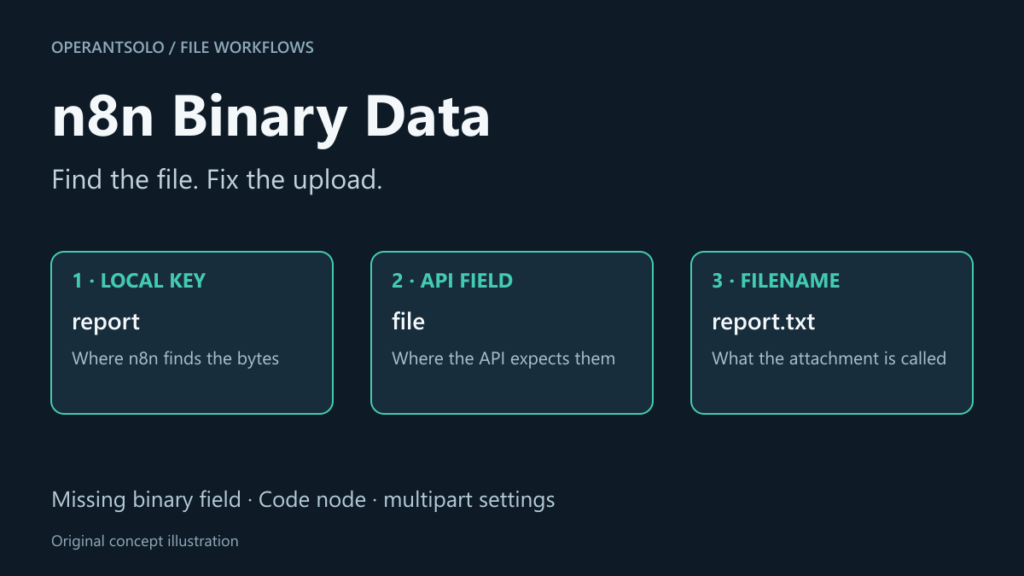 n8n binary data guide showing the local file key, API field and filename