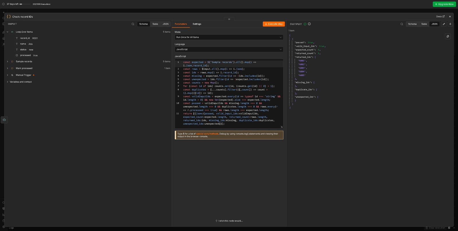 n8n Loop Over Items live checker showing five unique returned IDs and passed true