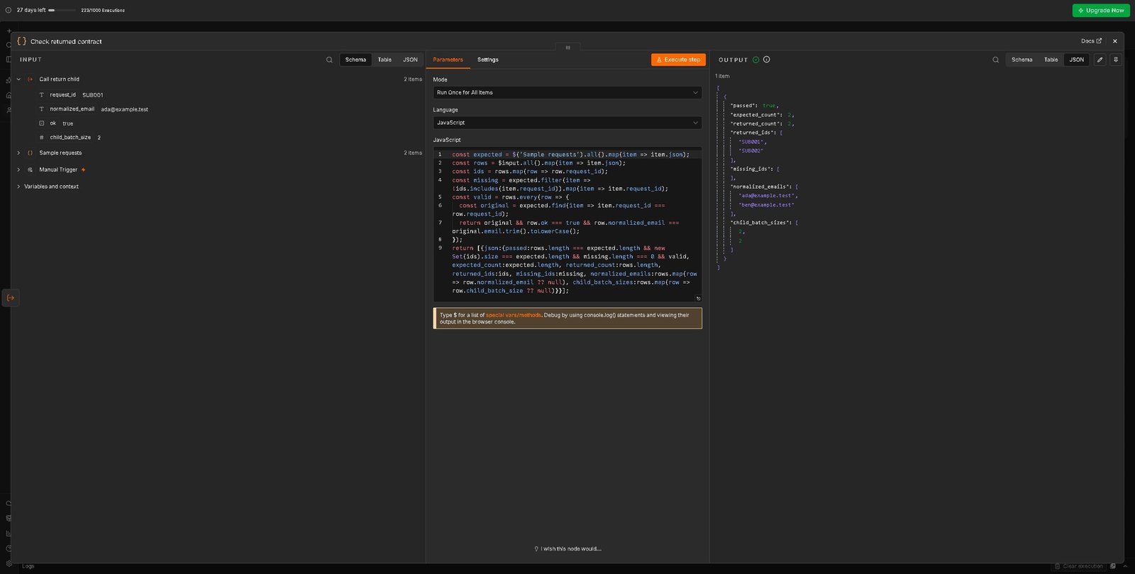n8n sub workflow return baseline in Cloud showing passed true and both request IDs